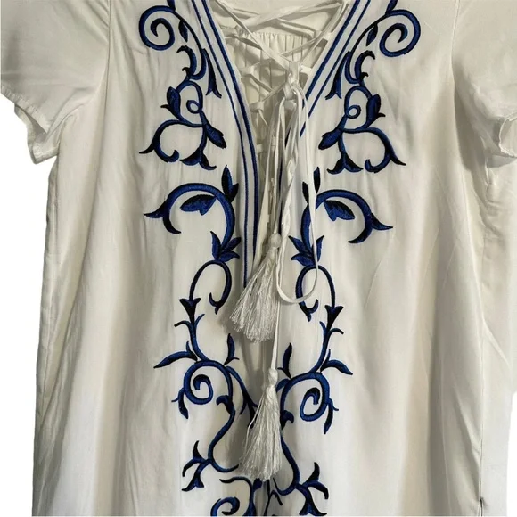 Lulus Small Embroidered Lace Up Shift Dress Vacation Beach Down In Kokomo - Picture 6 of 13